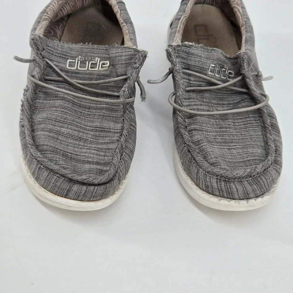 HeyDude Wally Youth Linen Stone Gray Loafers Canvas Slip On Shoes Size US 2Y GUC